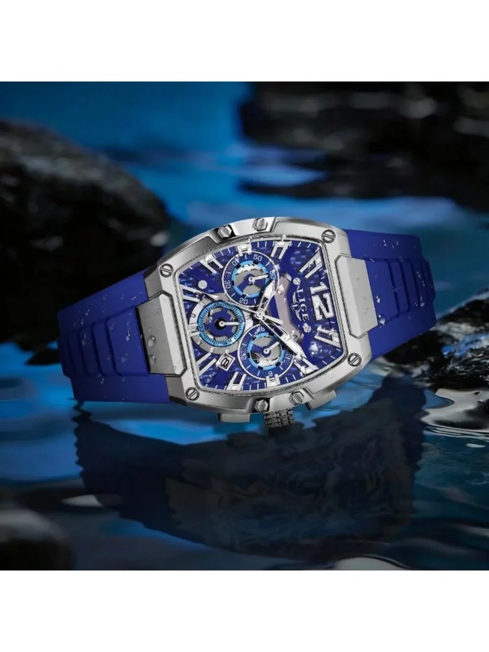 Men's Blue and Silver Square Chronograph Stainless Steel Quartz Wrist Watch
